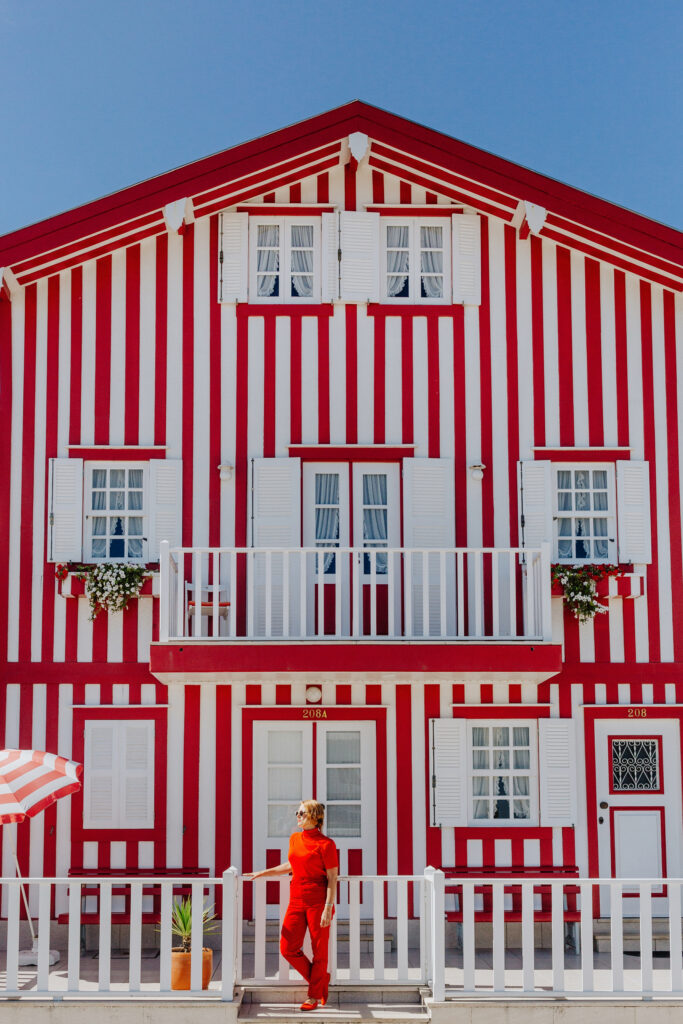 Red and White striped house in Aveiro Portugal 